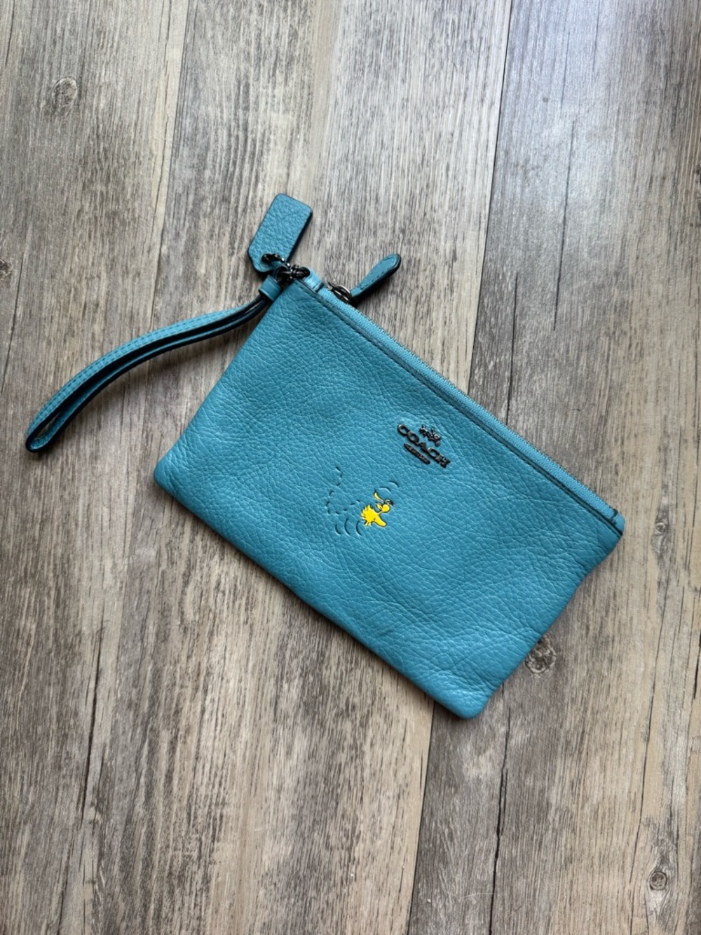 Coach x Snoopy Teal Blue Woodstock Wristlet Wallet